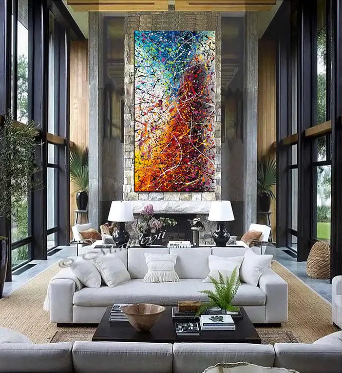 Painting Jackson Pollock Multiple Size showcased in a modern living room with elegant decor and vibrant colors.