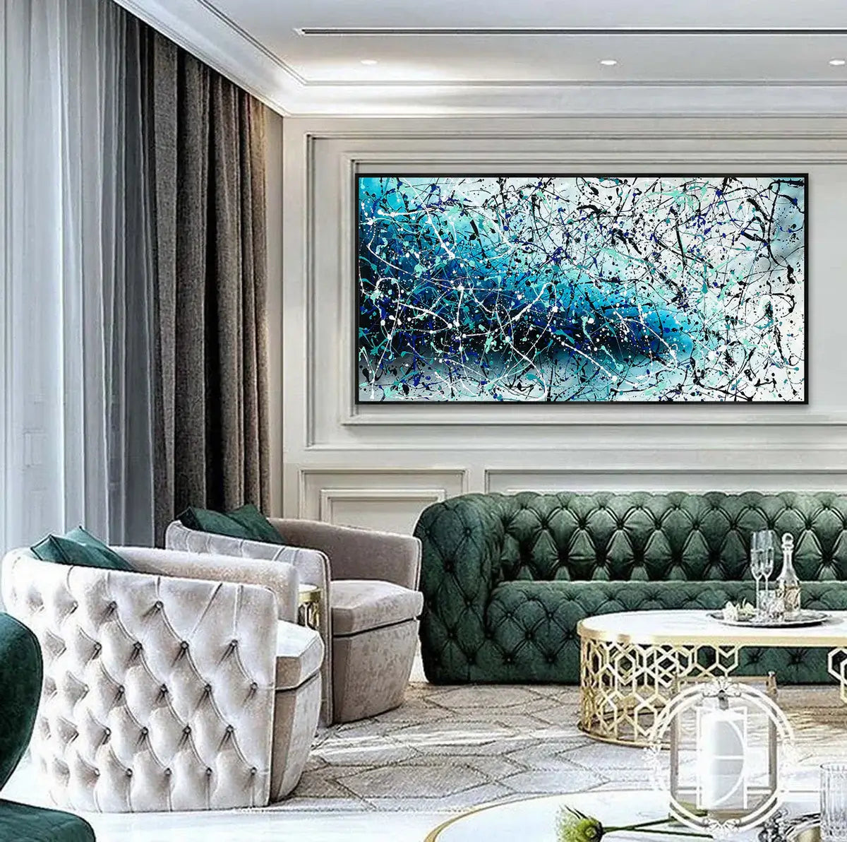 Painting Jackson Pollock Art displayed in a modern living room, showcasing vibrant colors and abstract expressionism.