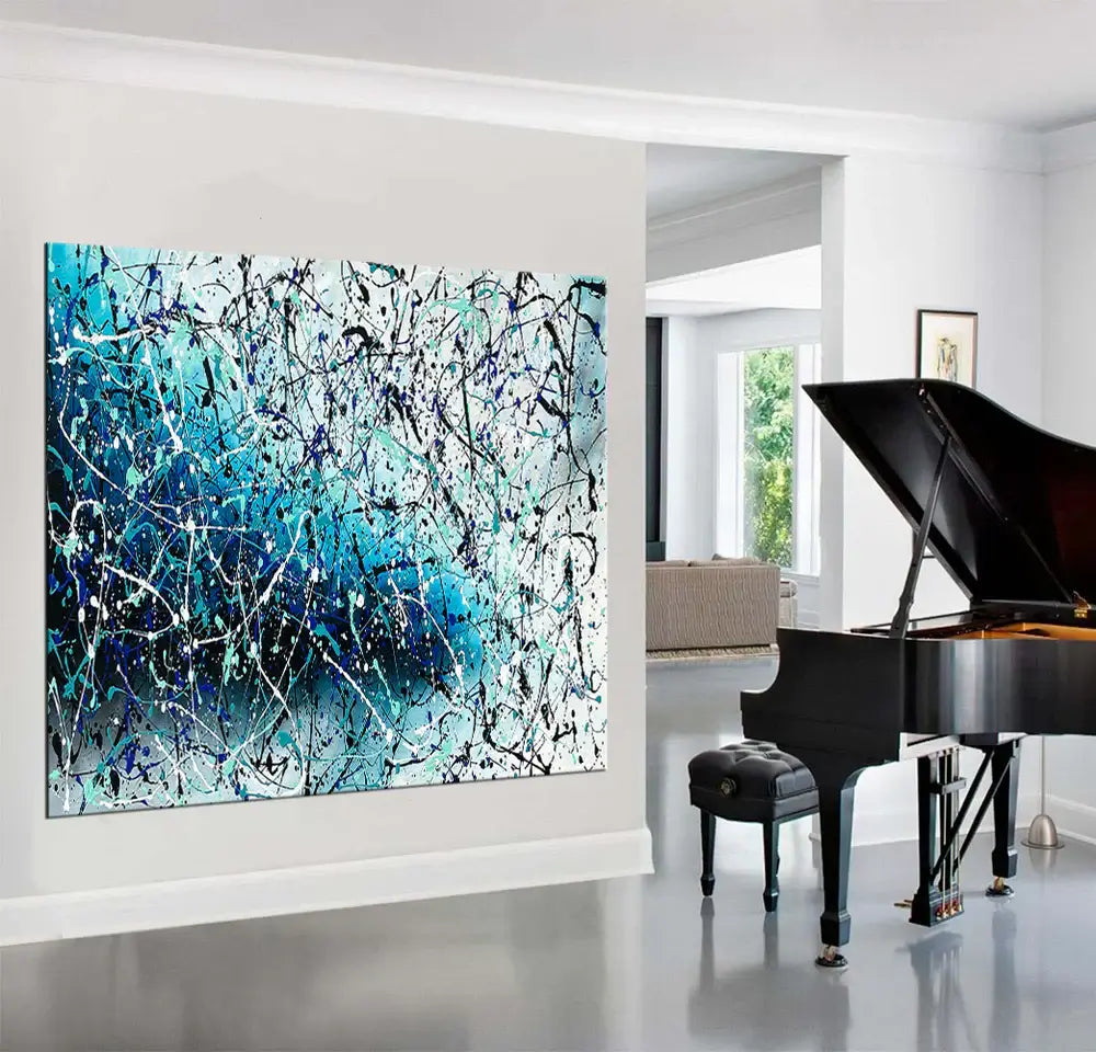 Painting Jackson Pollock Art showcased in a modern living space with a piano, featuring vibrant colors and abstract drip art style.