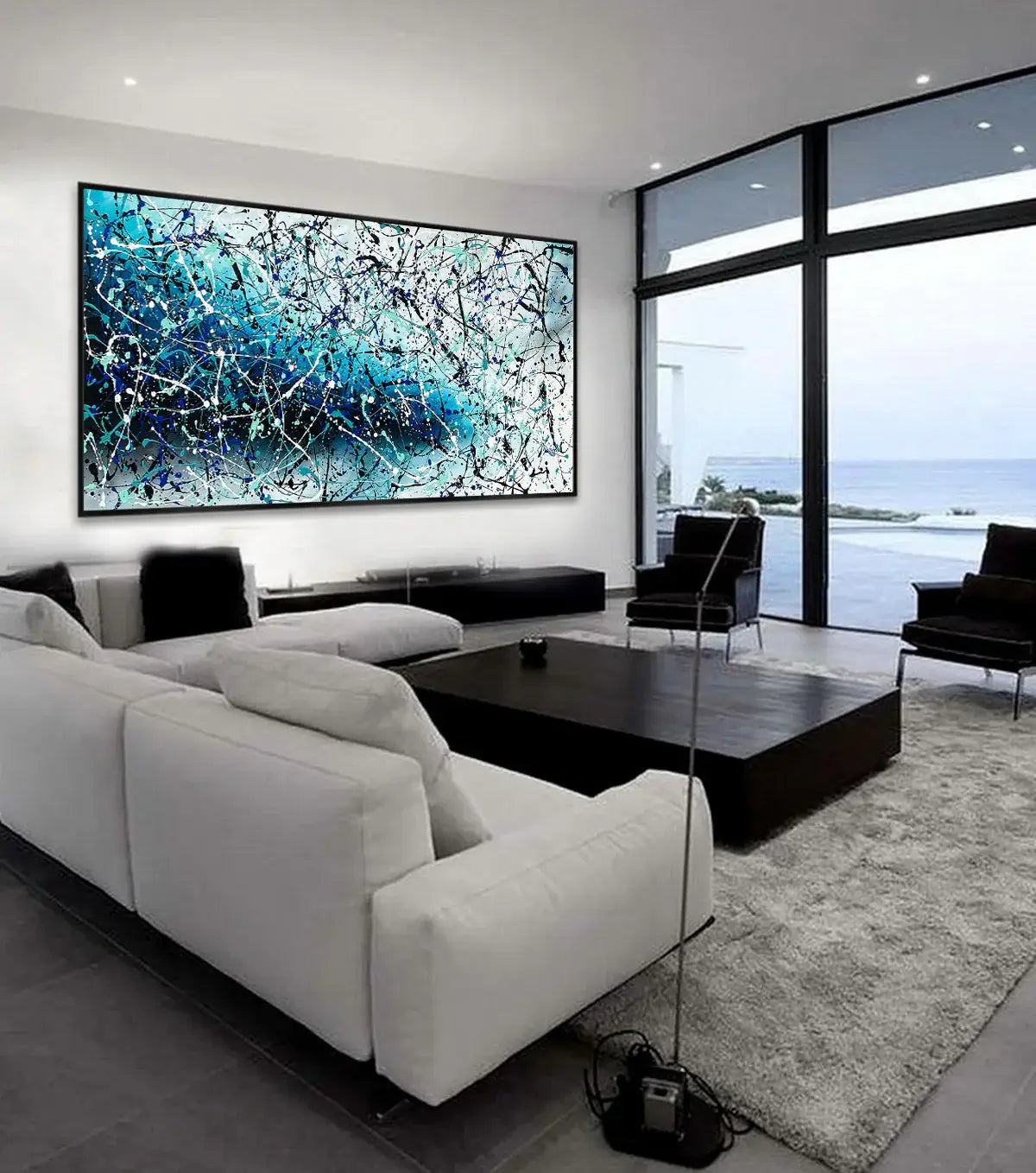 Painting Jackson Pollock Art displayed in a modern living room, showcasing abstract drip art with vibrant colors.