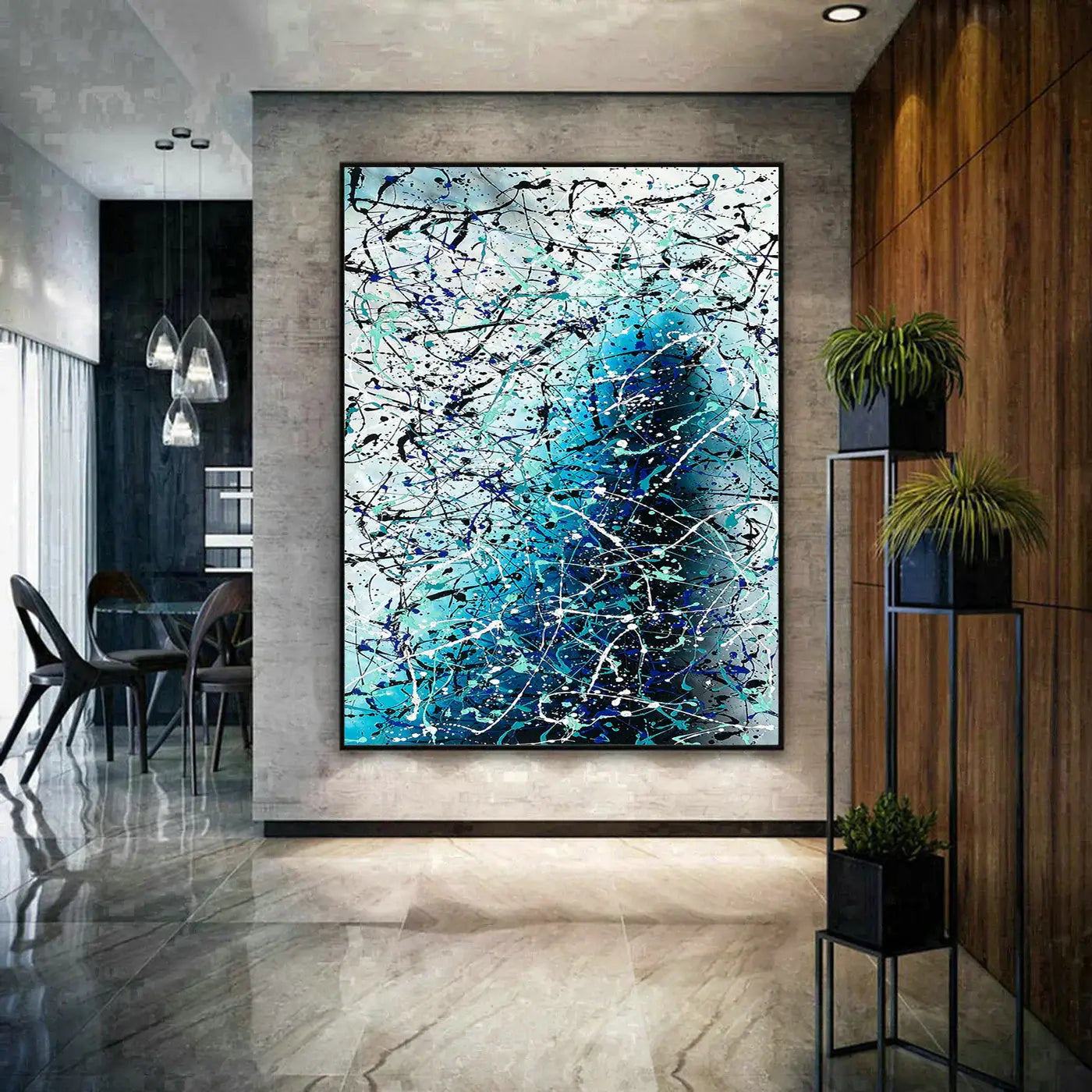 Painting Jackson Pollock Art displayed in a modern living room, showcasing vibrant colors and abstract drip technique.