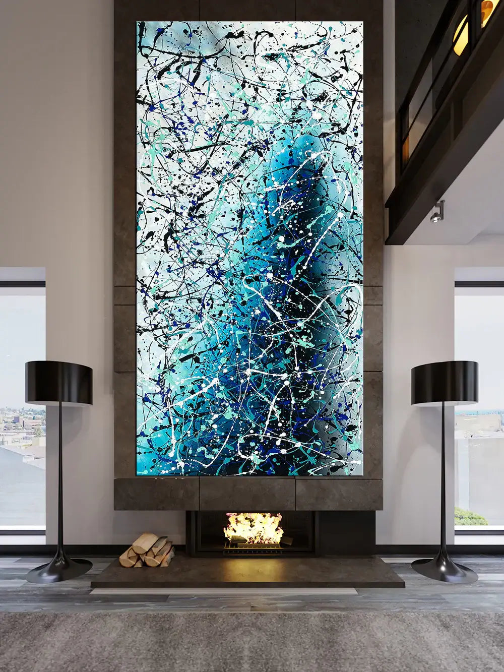 Painting Jackson Pollock Art displayed in a modern living room, showcasing vibrant colors and abstract drip technique.