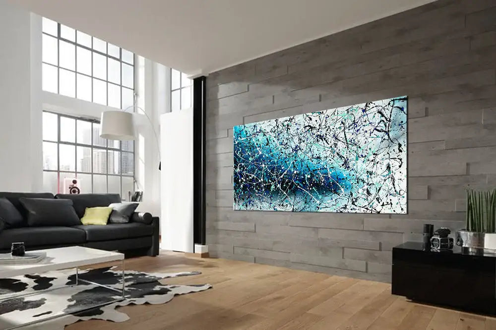 Painting Jackson Pollock Art displayed in a modern living room, showcasing vibrant colors and abstract drip art.