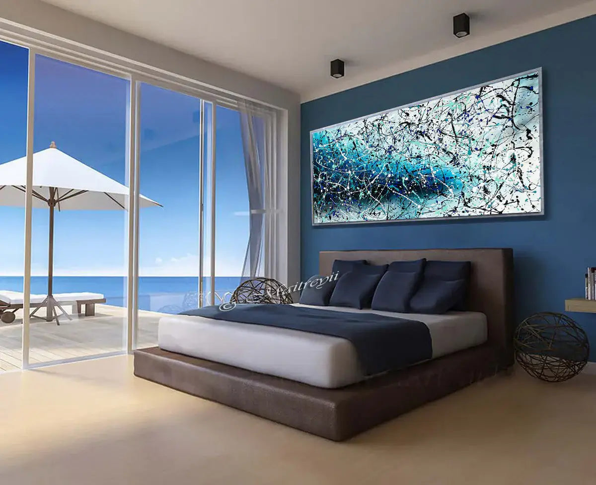 Painting Jackson Pollock Art displayed in a modern bedroom with ocean view, showcasing vibrant abstract drip techniques.