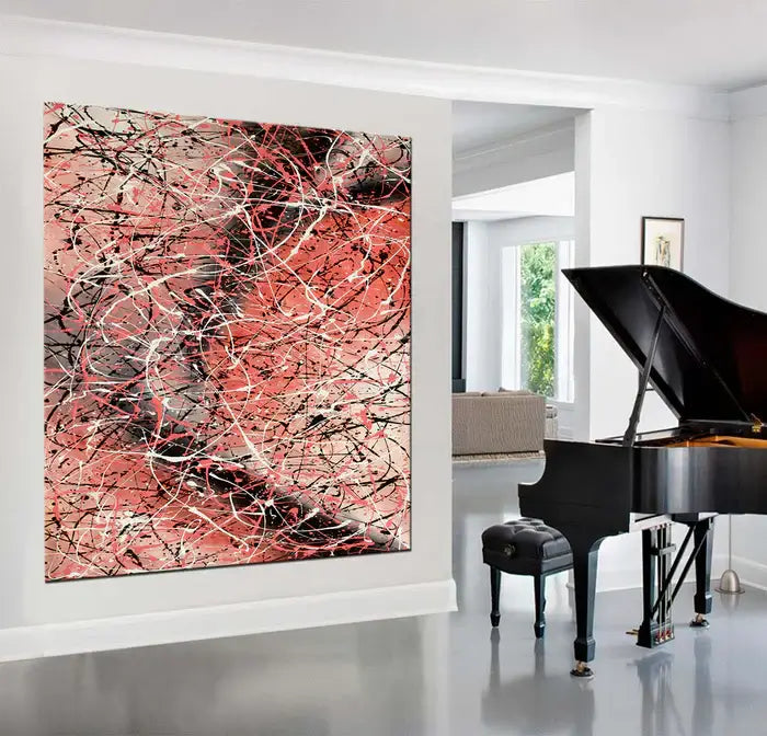 Jackson Pollock Painting displayed in a modern living room with a grand piano, showcasing vibrant colors and abstract drip style.