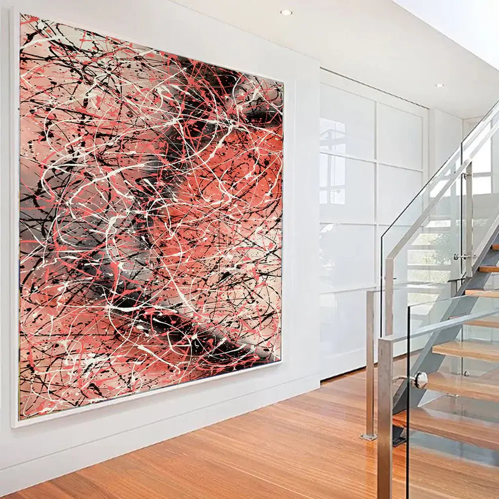 Jackson Pollock Painting | Handmade Abstract Drip displayed in a modern interior setting with stairs.