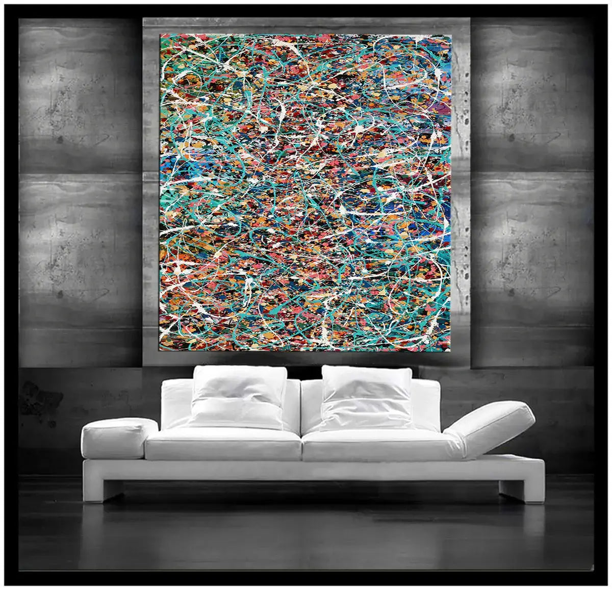 Jackson Pollock canvas art displayed above a modern white sofa in a stylish interior setting.
