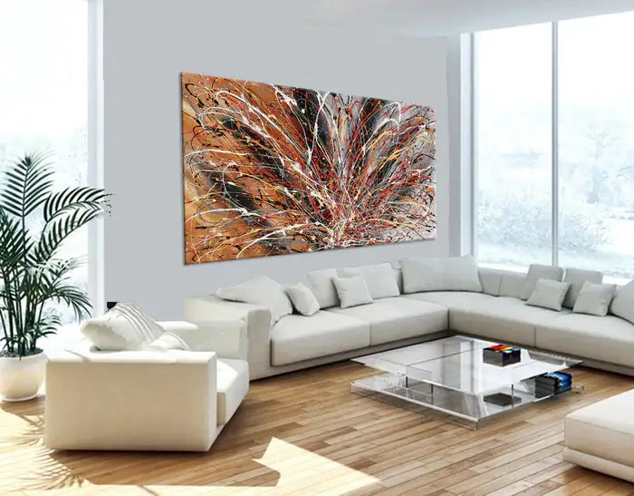 Pollock Inspired Wall Art in a modern living room, featuring expressive abstract painting with bold colors and drips.