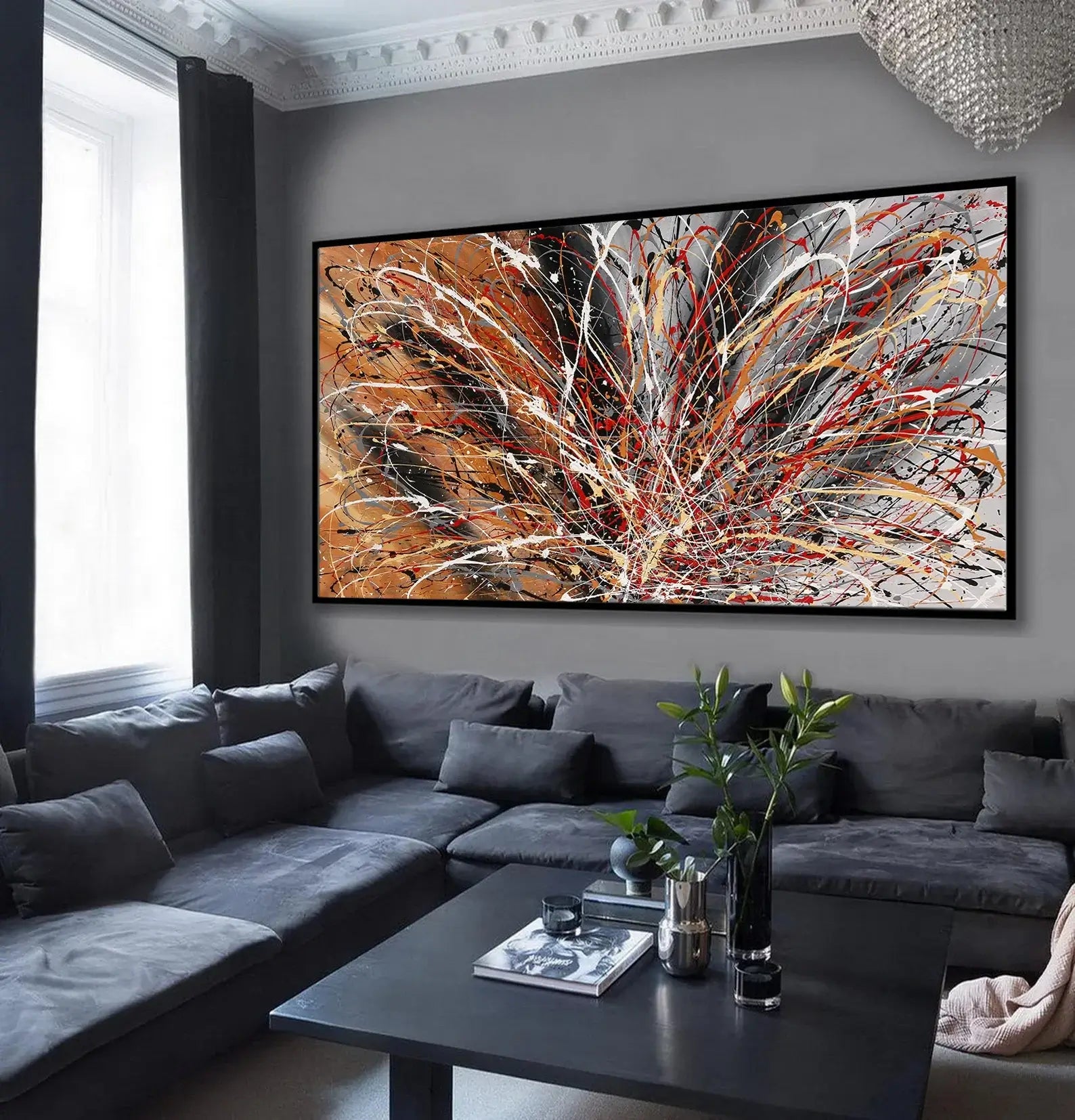 Pollock Inspired Wall Art in a modern living room, featuring expressive abstract painting with bold colors.