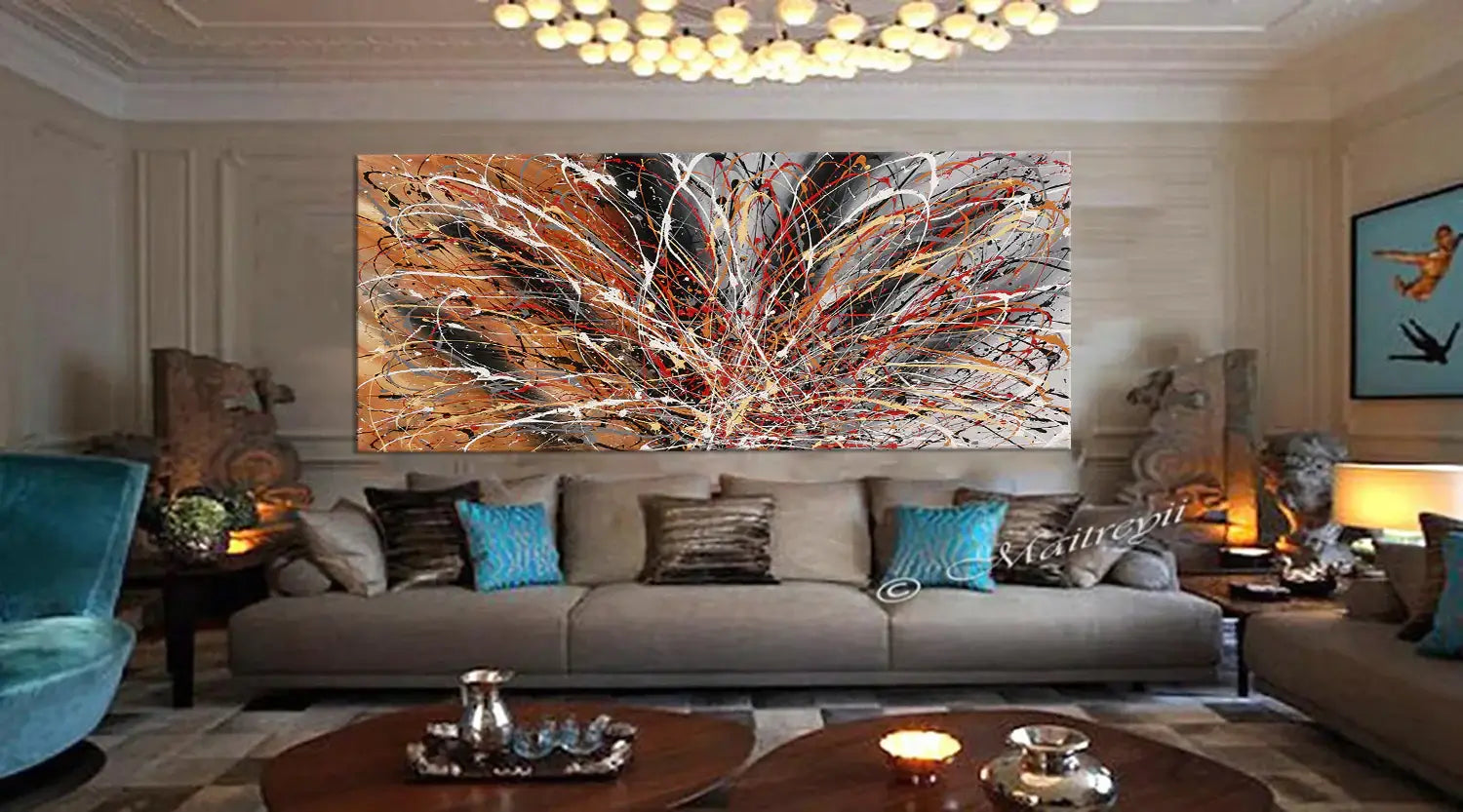 Pollock Inspired Wall Art displayed in a modern living room, featuring bold, colorful abstract patterns in drip style.