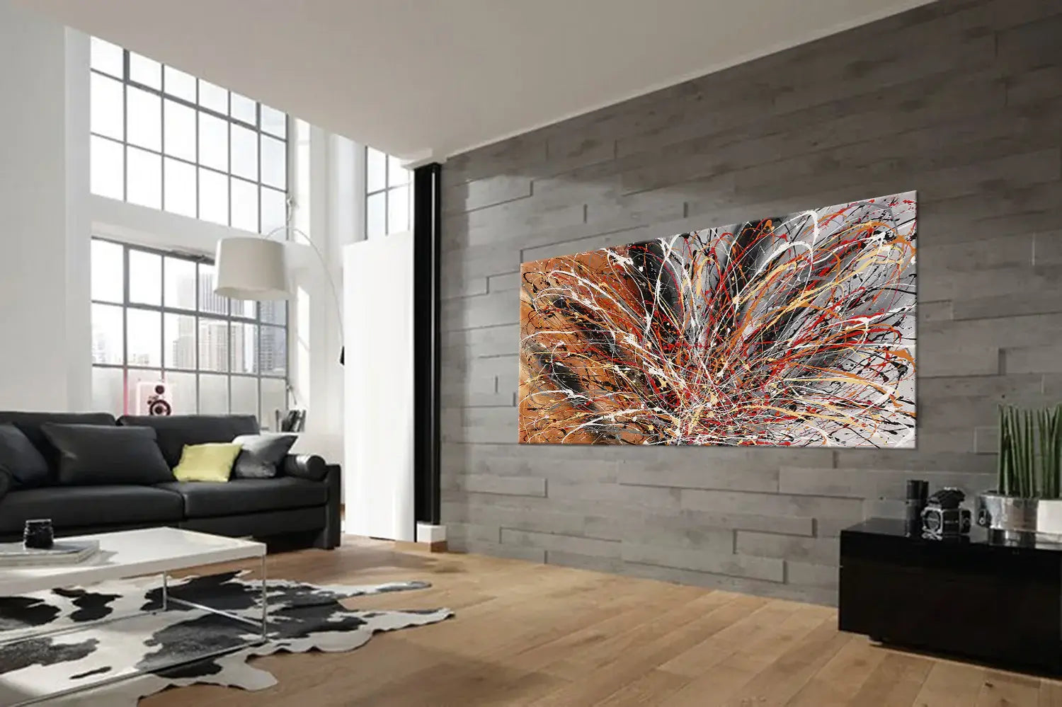Pollock Inspired Wall Art displayed in a modern interior with a gray wall and stylish furniture.