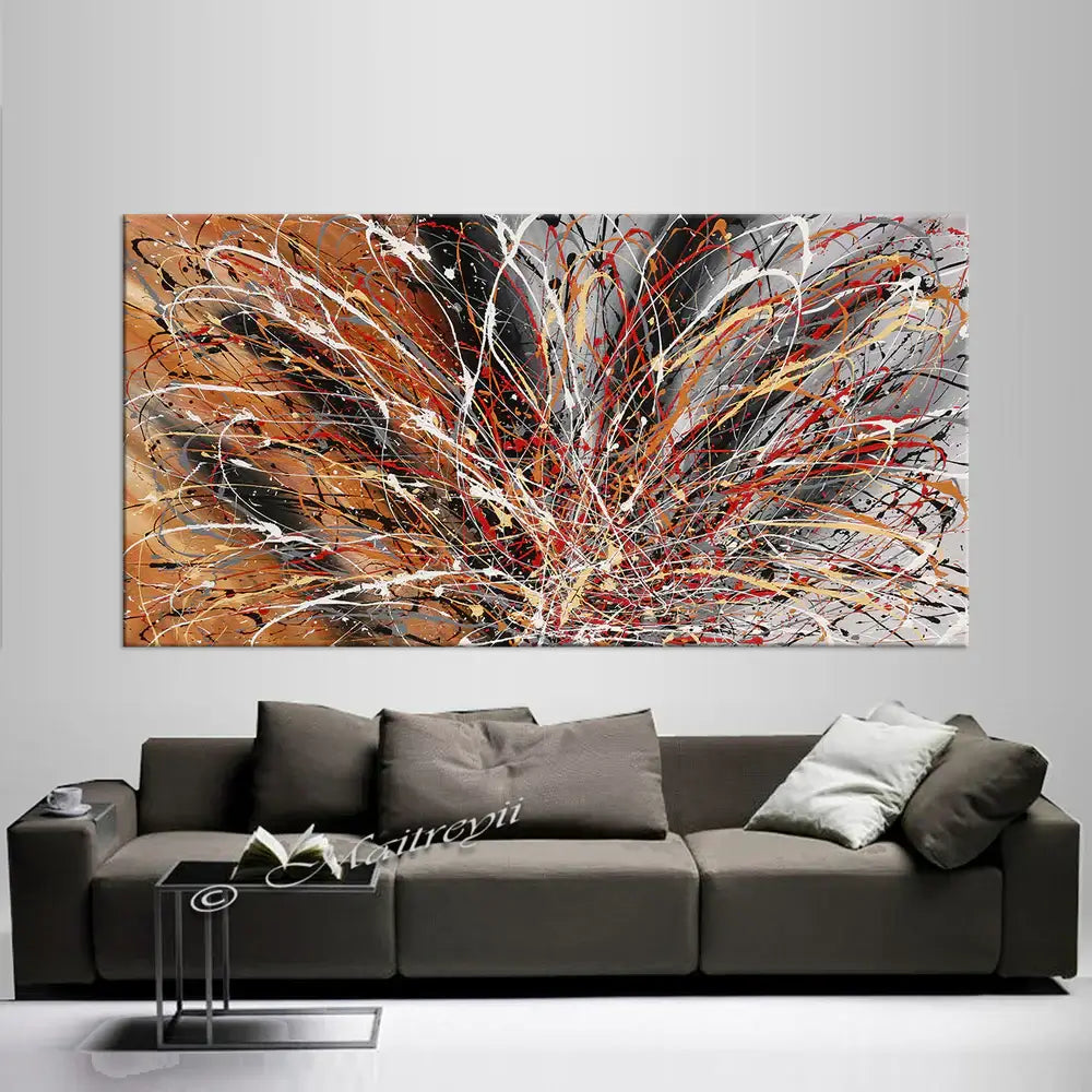 Pollock Inspired Wall Art - Abstract painting with vibrant colors above a modern sofa in a contemporary living room.