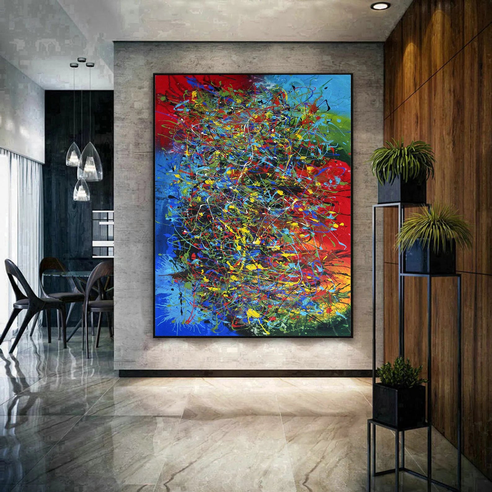 Original Pollock Style Artwork displayed in a modern interior, showcasing vibrant colors and dynamic abstract expressionism.