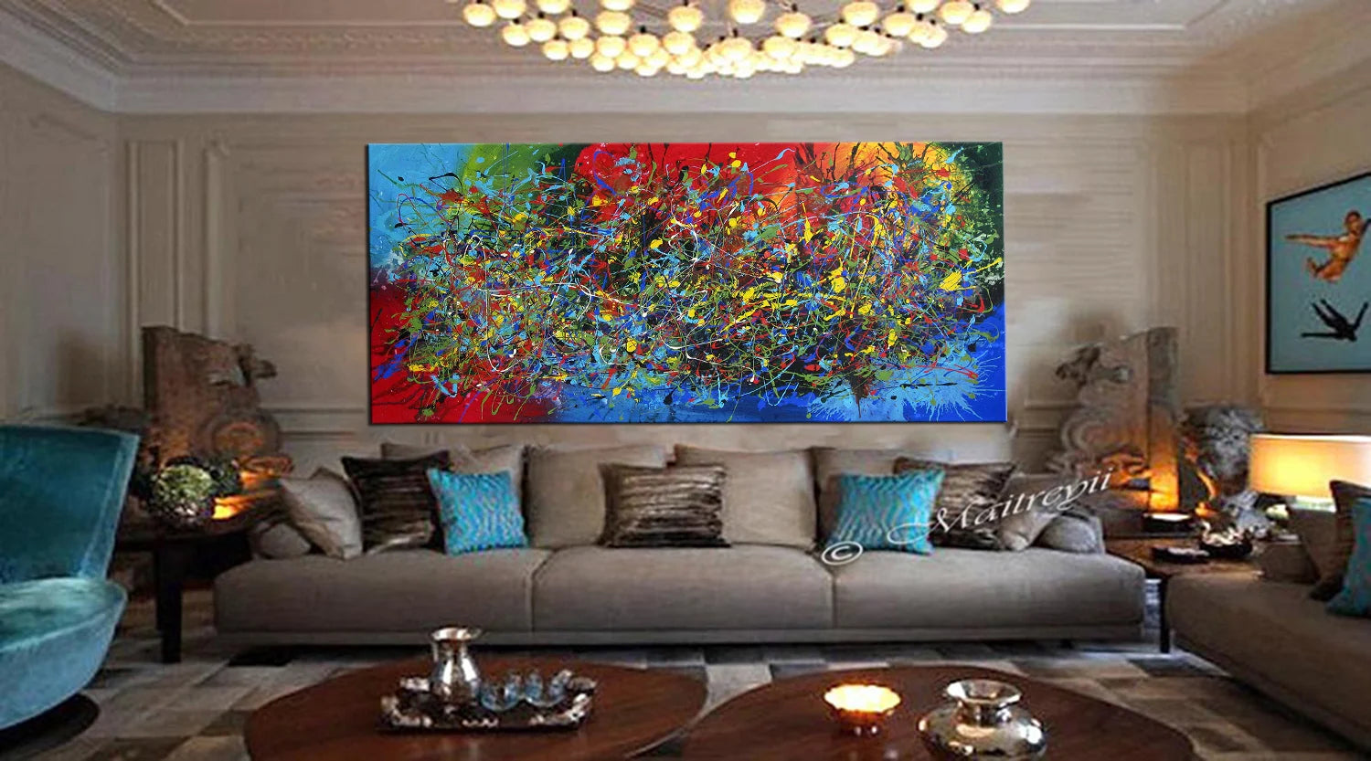 Original Pollock Style Artwork displayed in a modern living room with colorful splashes and textures.