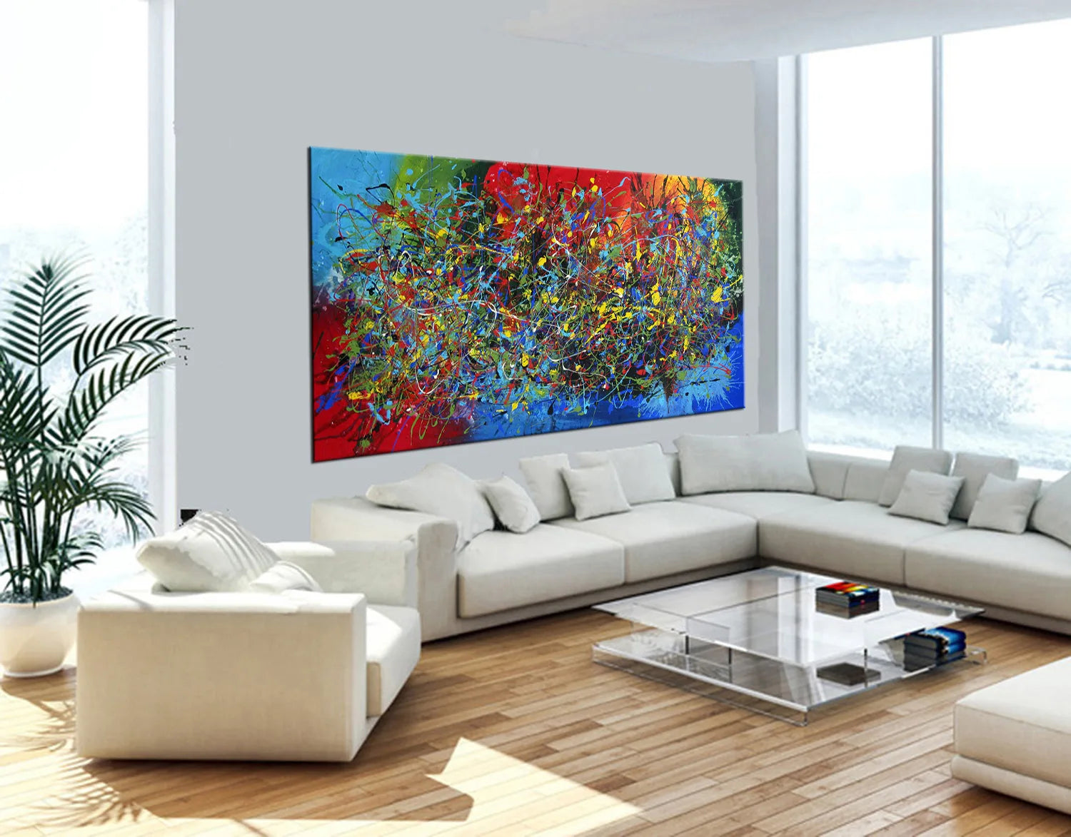 Original Pollock Style Artwork by Maitreyii displayed in a modern living room with vibrant colors and abstract design.