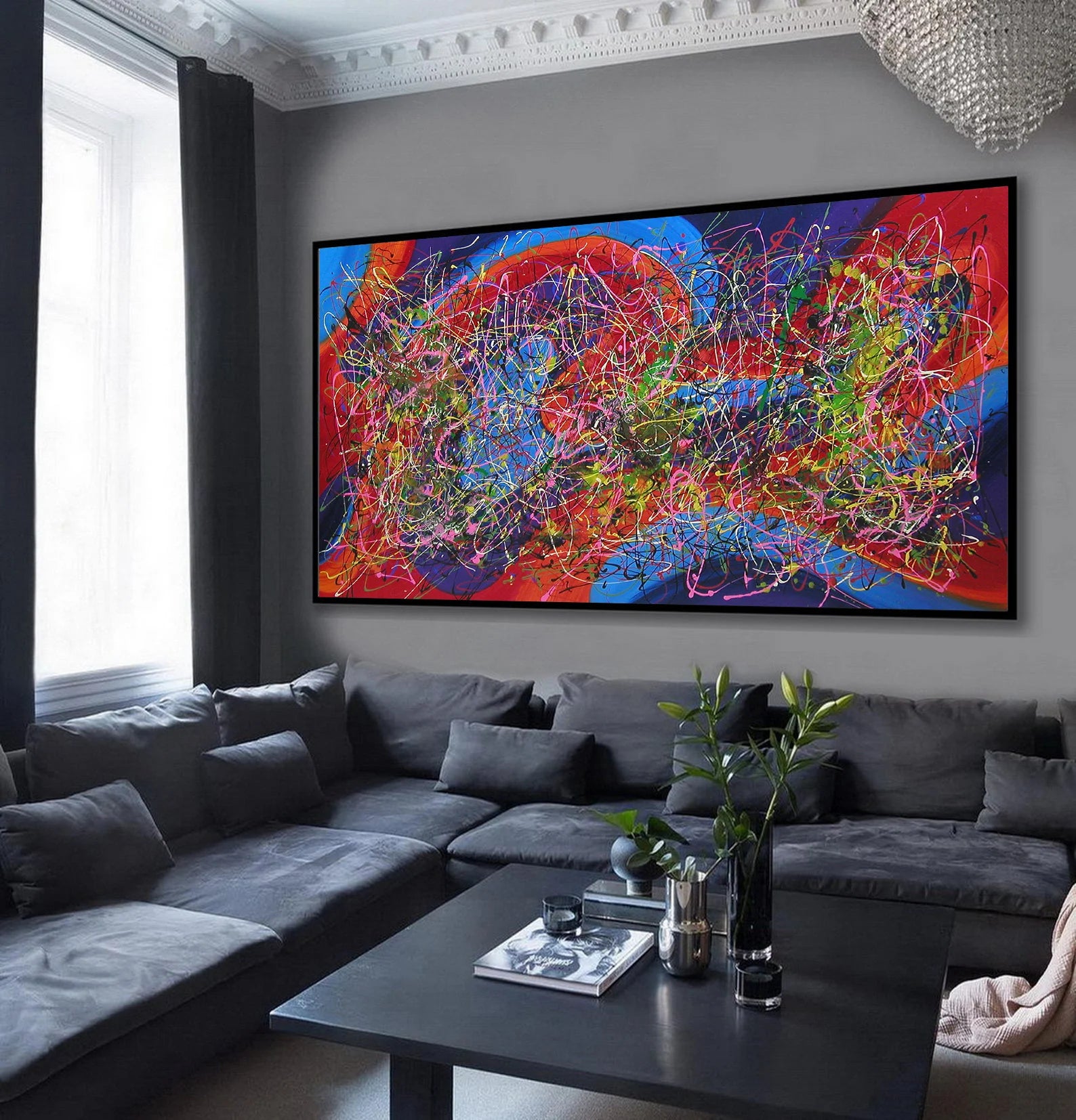 Modern Living Room Paintings - Abstract wall art displayed in a contemporary living room with vibrant colors.