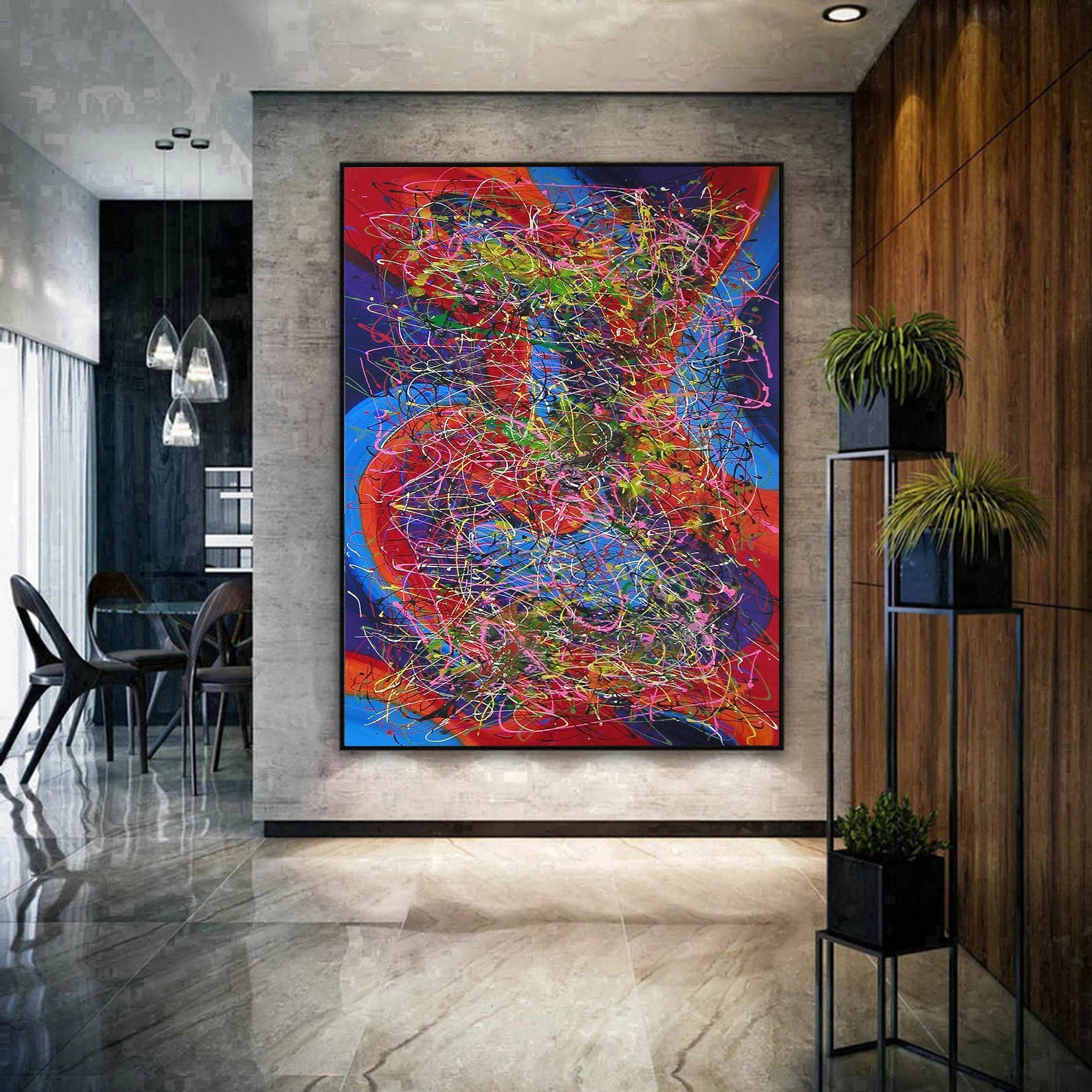 Modern Living Room Paintings – Abstract Wall Art displayed in a stylish modern interior with vibrant colors and dynamic textures.