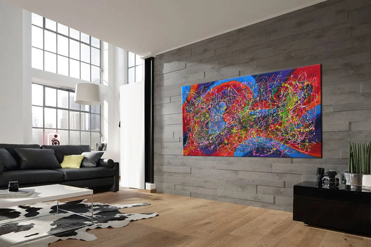 Modern Living Room Paintings featuring bold abstract drip art in a contemporary setting with vibrant colors.