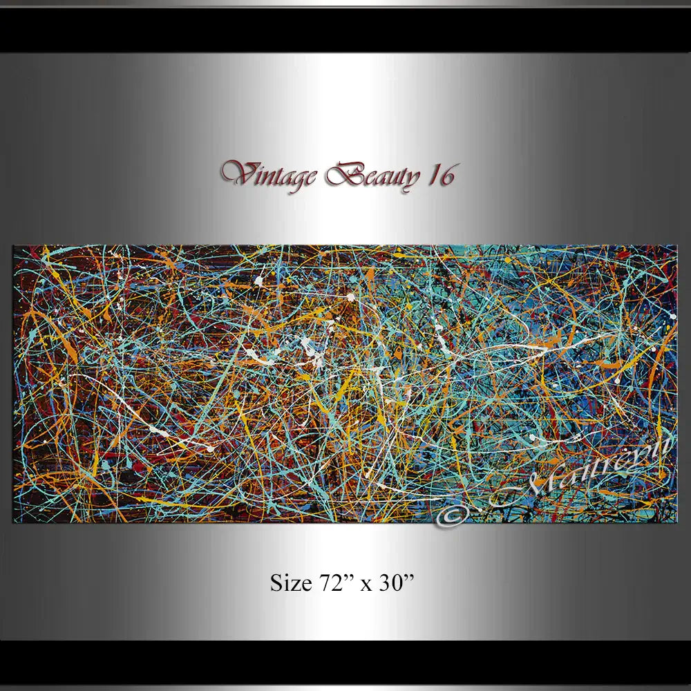 Jackson Pollock Style abstract canvas art titled Vintage Beauty 16, showcasing vibrant colors and dynamic movement.