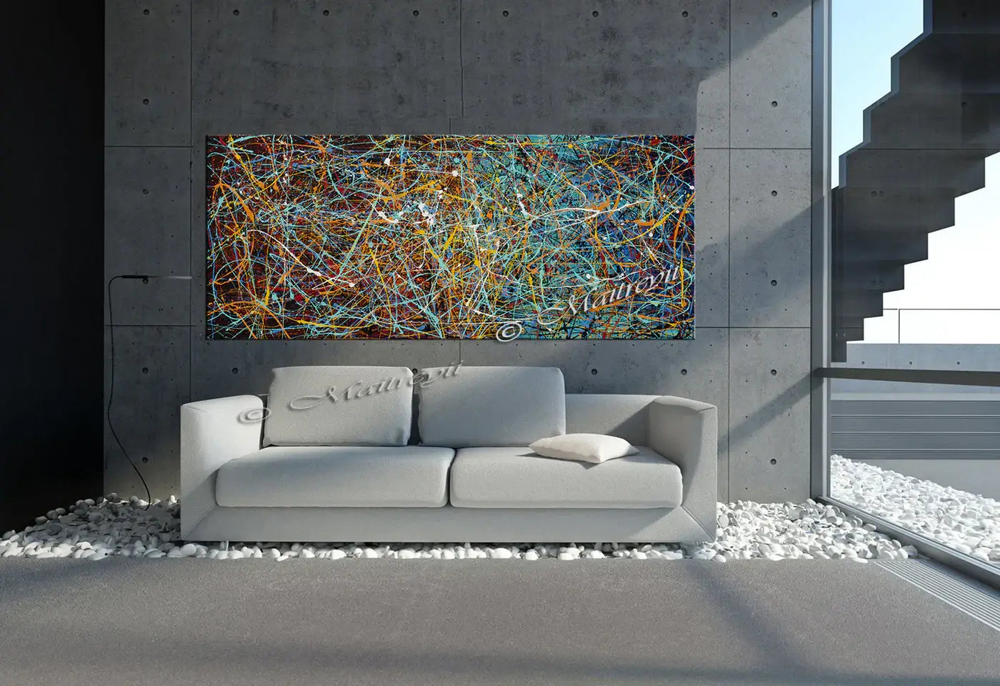 Jackson Pollock Style abstract canvas art titled Vintage Beauty 16 in modern living room setting.