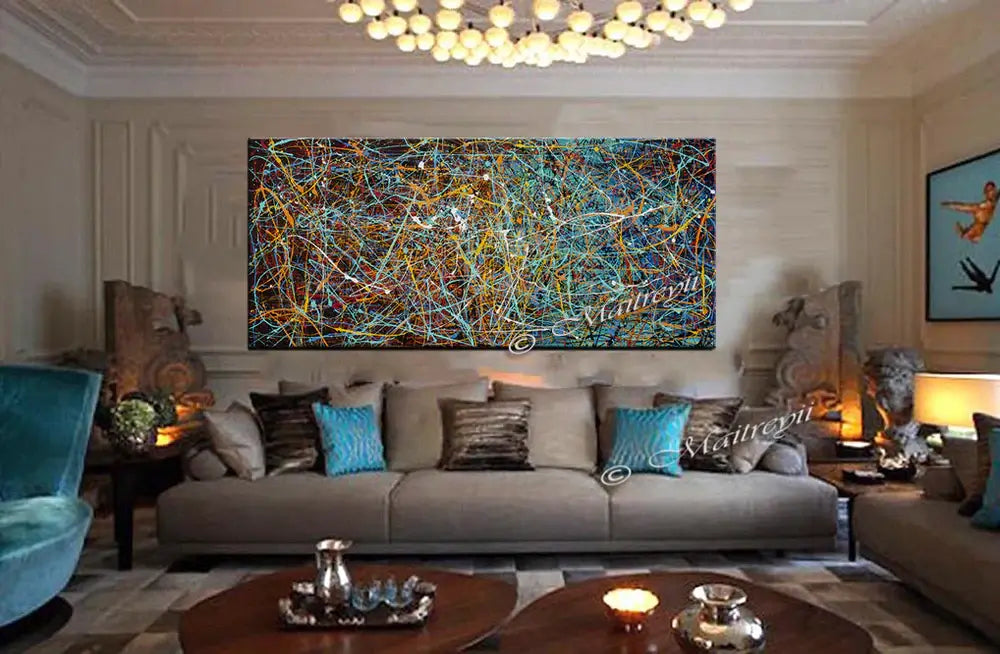 Jackson Pollock Style abstract canvas art in a modern living room setting with colorful details.