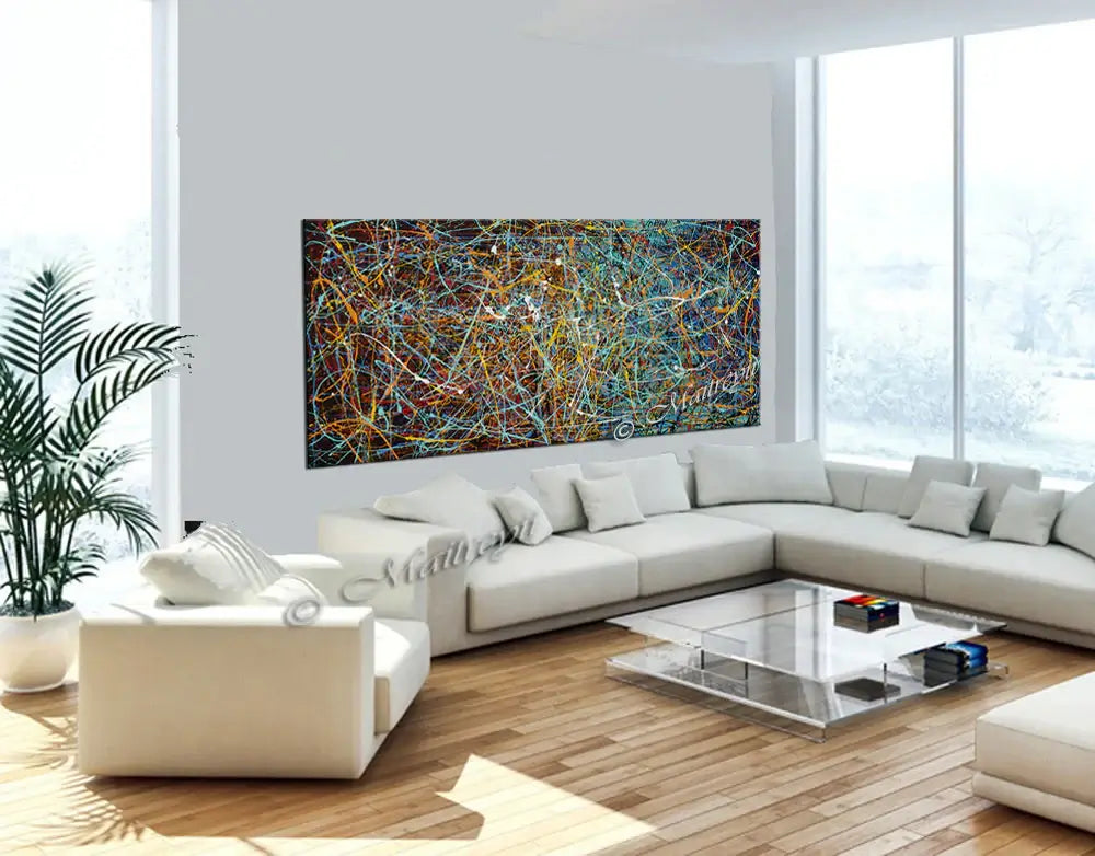 Jackson Pollock Style abstract canvas art titled Vintage Beauty 16 displayed in a modern living room interior.