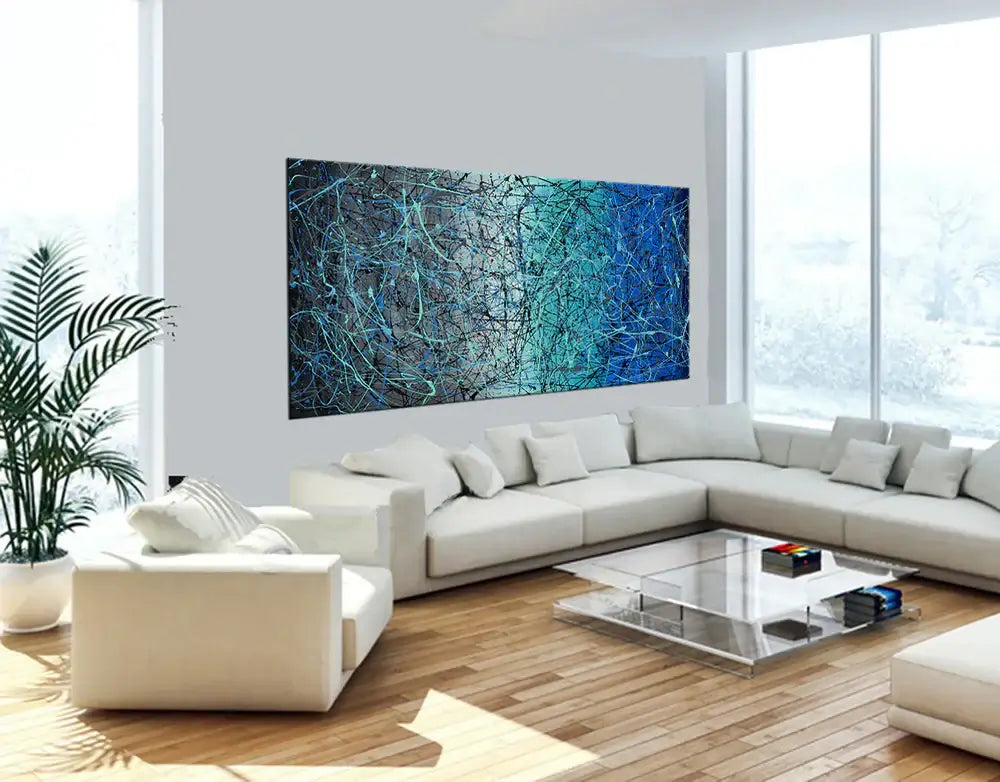Pollock Inspired Wall Art displayed in a modern living room, featuring bold colors and abstract designs.