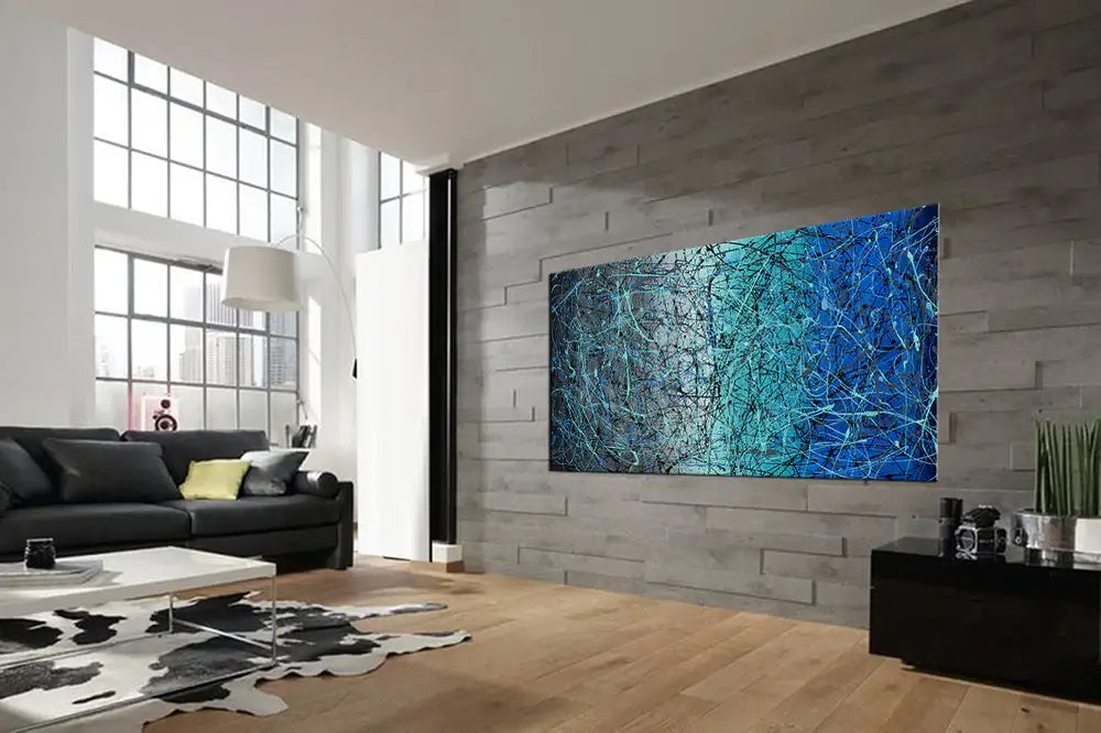 Pollock Inspired Wall Art displayed in a modern living room, showcasing bold colors and expressive abstract style.