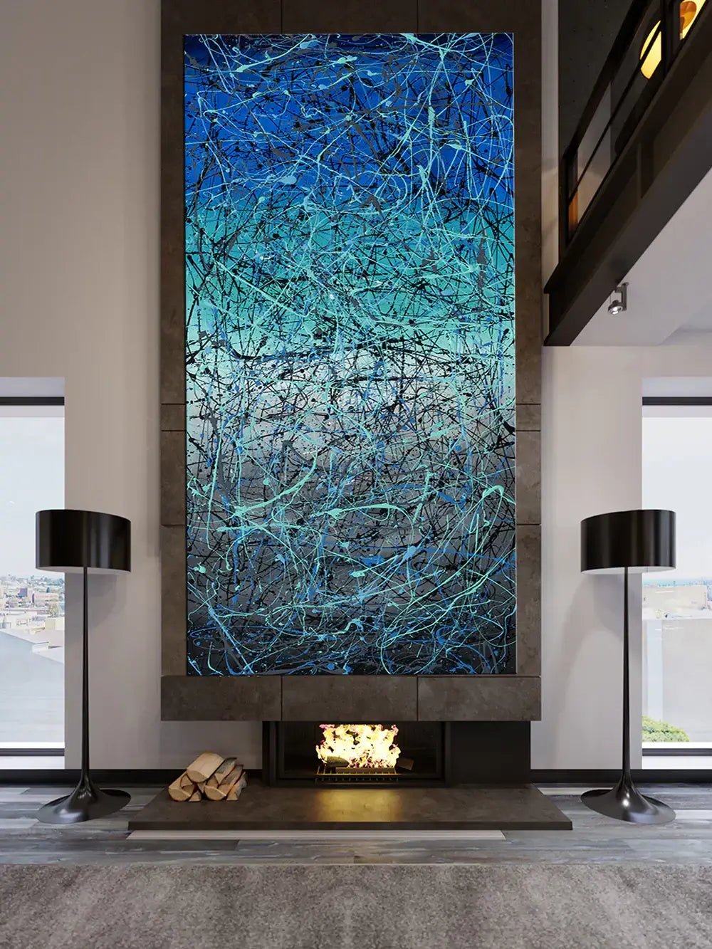 Pollock Inspired Wall Art | Original Abstract - Vintage Beauty 18, featuring a bold blue and black canvas painting.