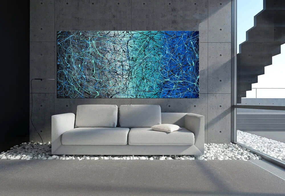 Pollock Inspired Wall Art displayed in a modern living room with a grey couch and abstract decor.