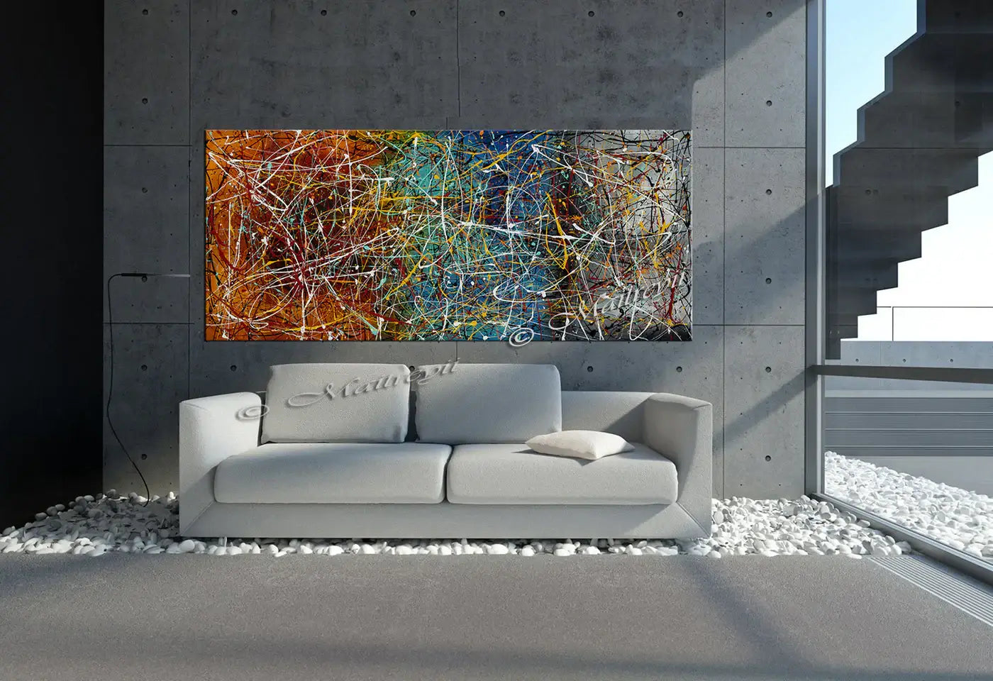 Drip Painting on Canvas artwork displayed above a modern gray sofa in a stylish living room.