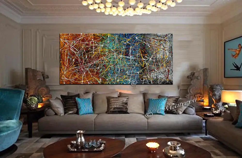 Drip Painting on Canvas displayed in a modern living room, showcasing abstract artwork with vibrant colors and dynamic drips.