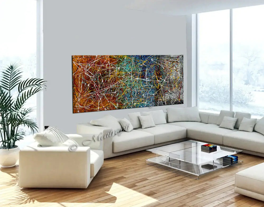 Drip Painting on Canvas displayed in a modern living room, featuring vibrant colors and expressive abstract design.