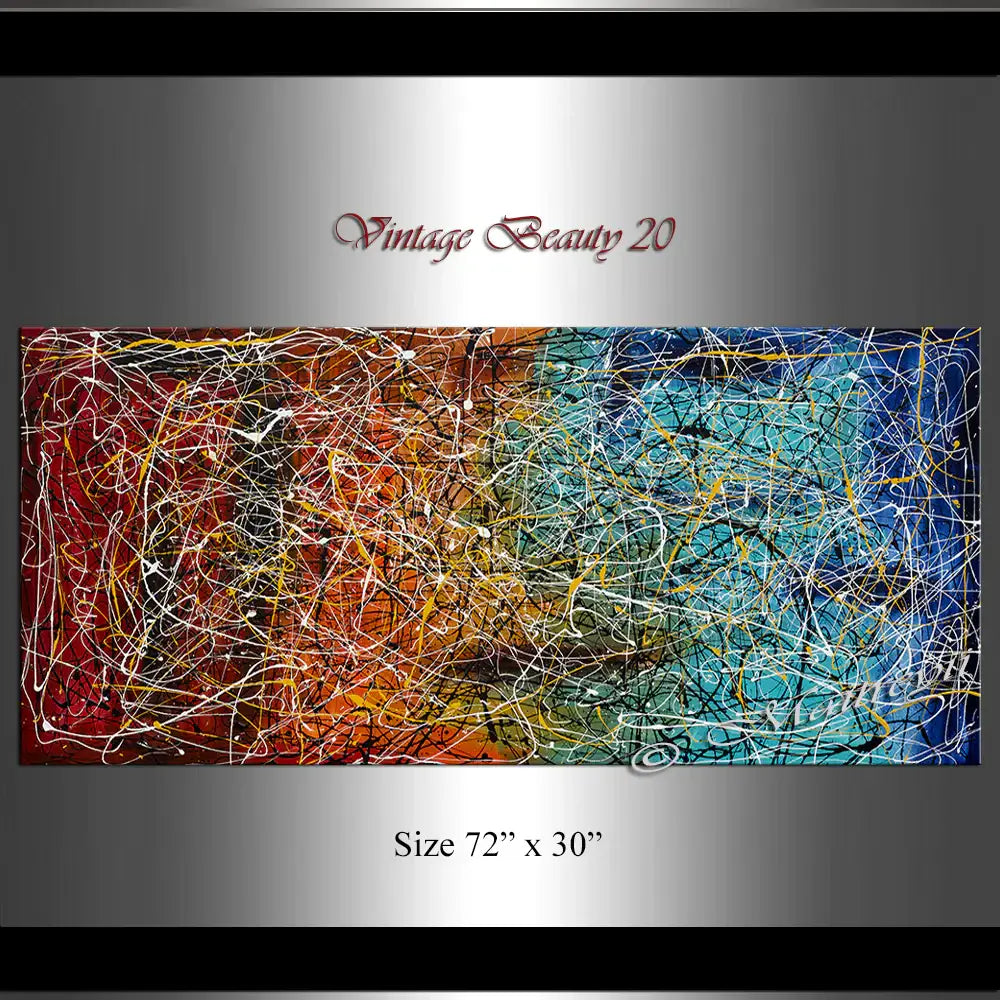 Jackson Pollock Style abstract canvas wall art titled Vintage Beauty 20, size 72" x 30", showcasing vibrant colors and dynamic textures.