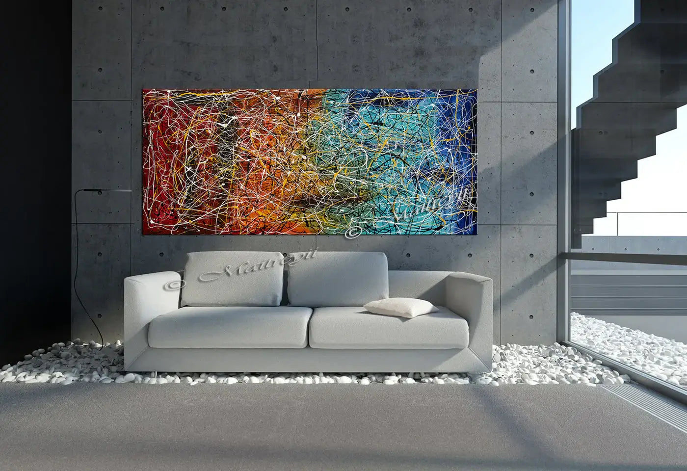 Jackson Pollock Style abstract canvas wall art displayed in modern living room with gray couch and large windows.