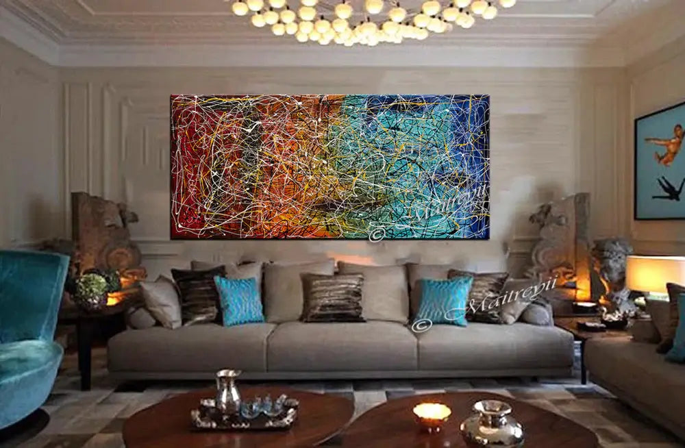 Jackson Pollock Style abstract canvas wall art displayed in a stylish living room with modern furniture.