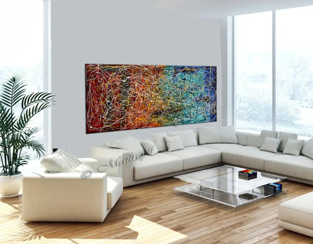 Jackson Pollock Style abstract canvas wall art displayed in a modern living room with bright colors and dynamic textures.