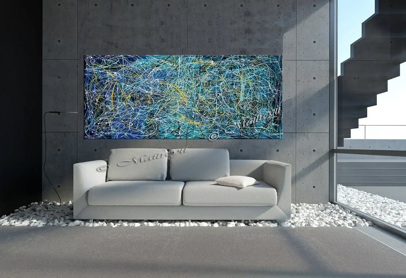 Jackson Pollock Drip Style large oil painting displayed in a modern living room with gray walls and minimalist furniture.
