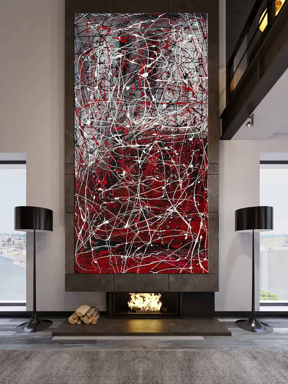 Drip painting on canvas showcasing abstract red and silver design, enhancing modern luxury decor in a stylish living room.