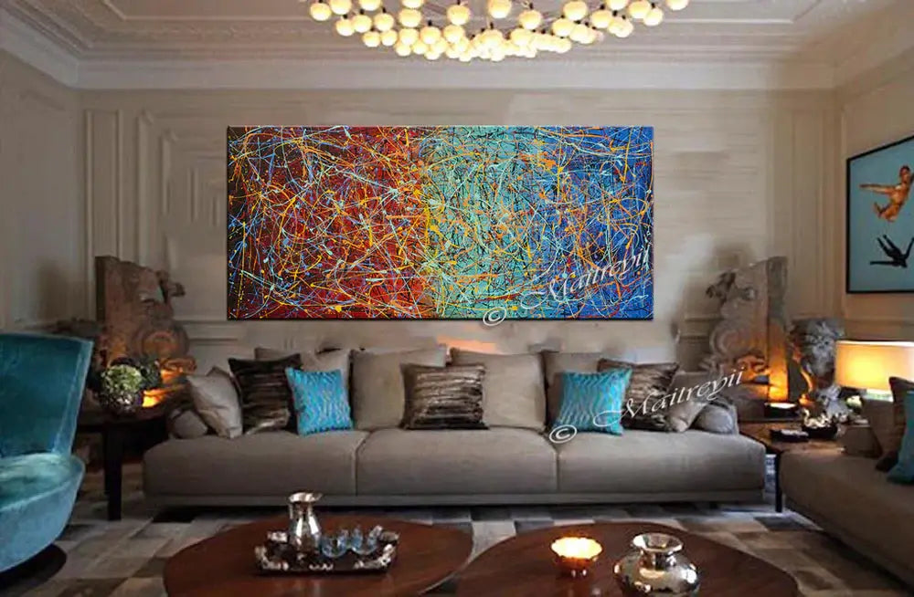 Jackson Pollock Style abstract canvas wall art displayed in a stylish living room, featuring vibrant colors and dynamic drips.