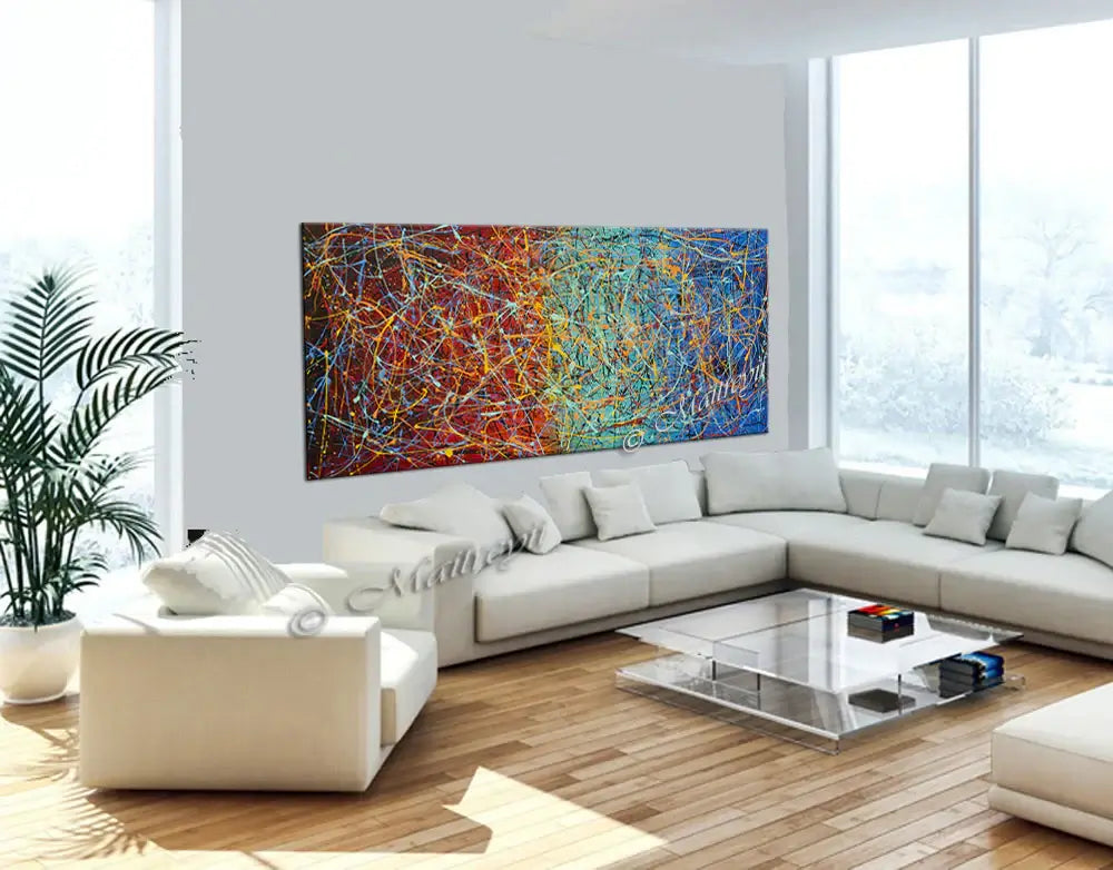 Jackson Pollock Style | Abstract Canvas Wall Art displayed in a modern living room with bright colors and dynamic movement.