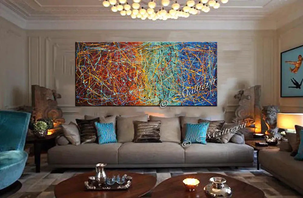Jackson Pollock Style abstract canvas wall art displayed in a modern living room interior with stylish furnishings.