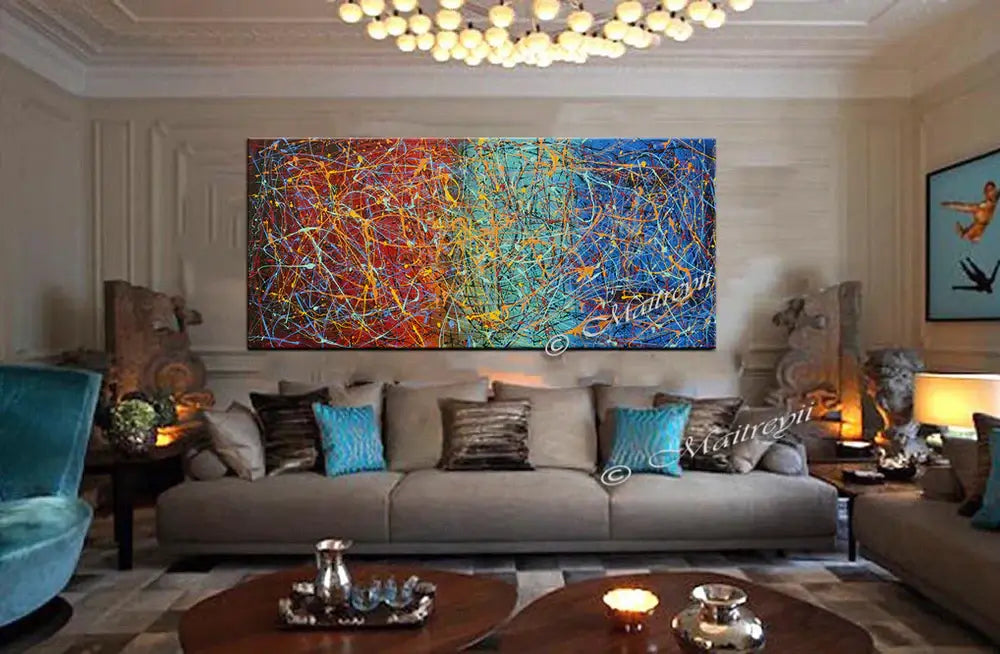 Jackson Pollock Style abstract canvas wall art displayed in a contemporary living room setting.