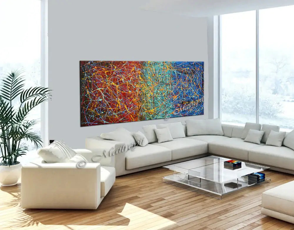 Jackson Pollock Style abstract canvas wall art displayed in a modern living room with bright colors and dynamic textures.