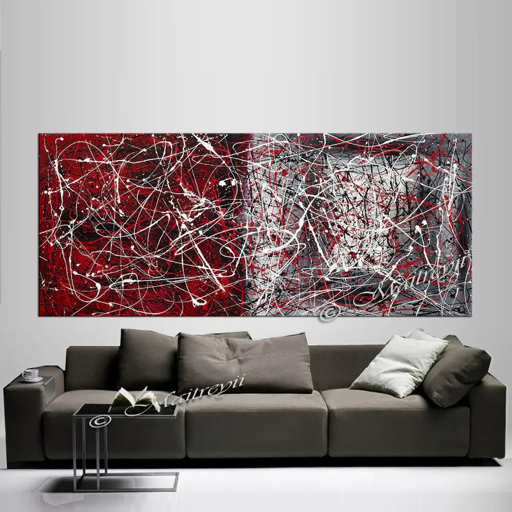 Jackson Pollock Style oversized abstract canvas art Vintage Beauty 33 above a modern sofa in stylish living room decor.