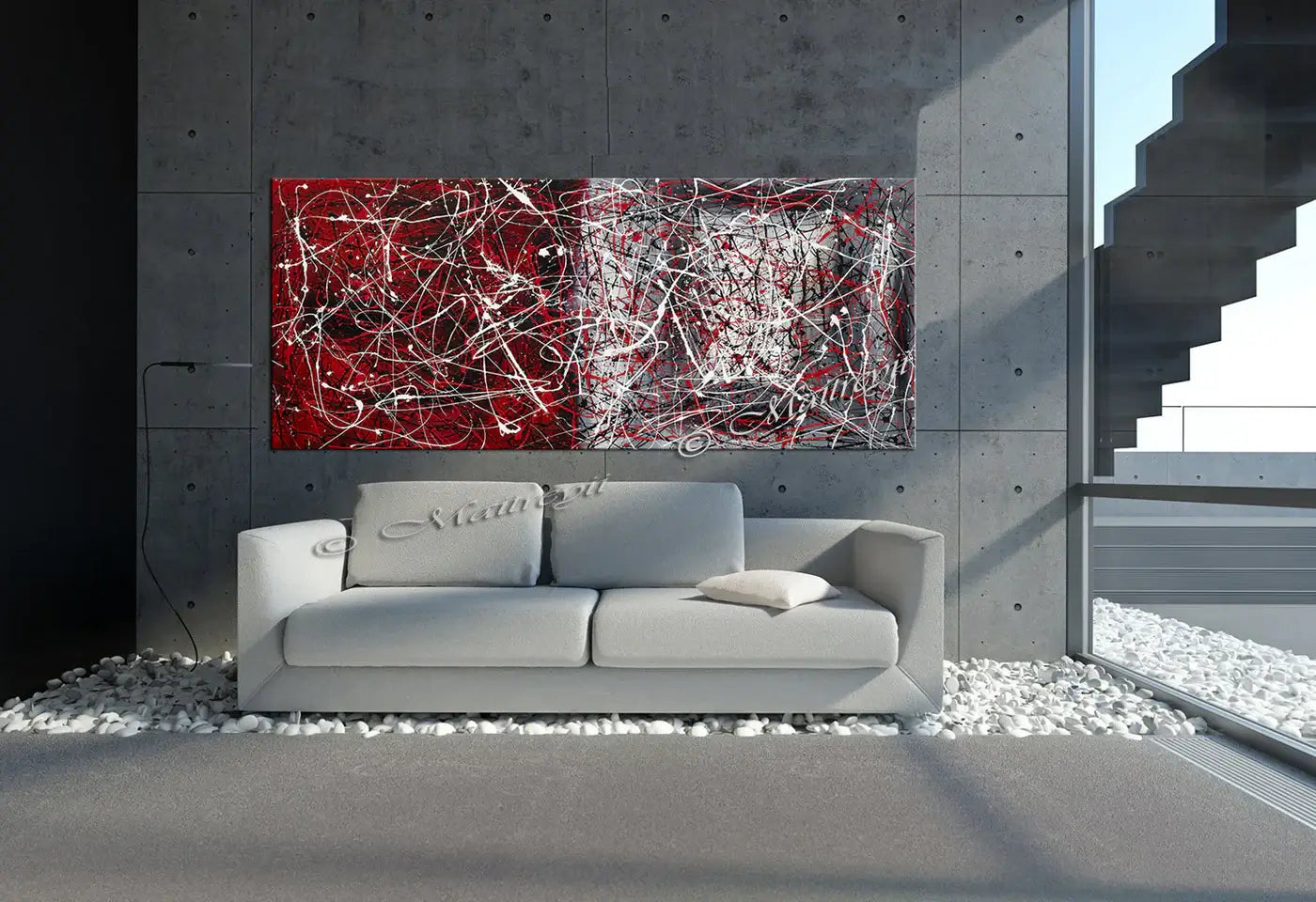 Jackson Pollock Style oversized abstract canvas art in modern living room with gray sofa and concrete wall.