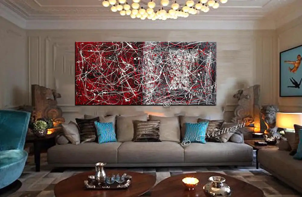 Jackson Pollock Style oversize abstract canvas art Vintage Beauty 33 displayed in a modern living room setting.