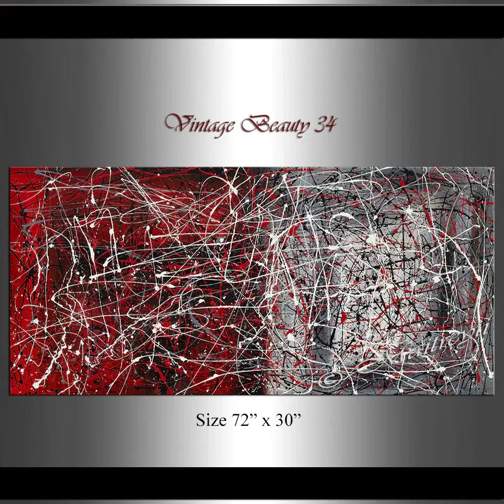 Jackson Pollock Style | Abstract art drip painting Vintage Beauty 34 in red and gray, handmade, vibrant expression.