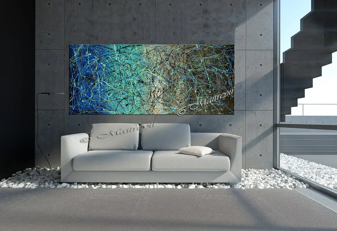 Jackson Pollock Style abstract canvas wall art displayed above a modern sofa in a sleek interior setting.