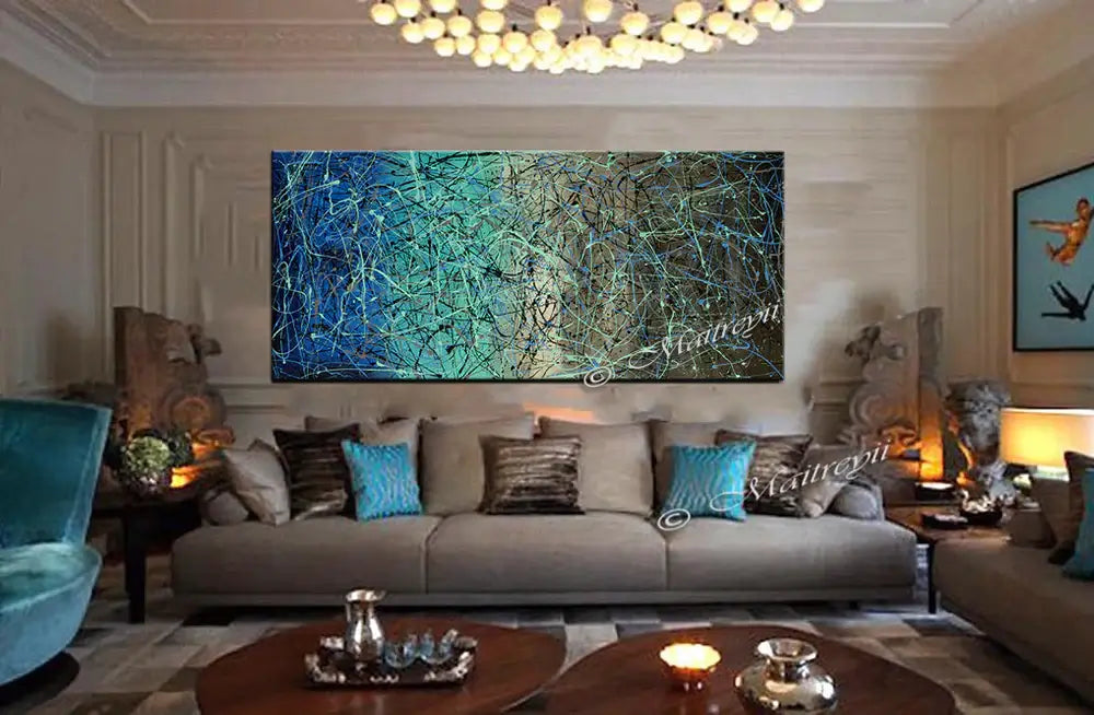 Jackson Pollock Style | Abstract Canvas Wall Art displayed in a modern living room with elegant decor.